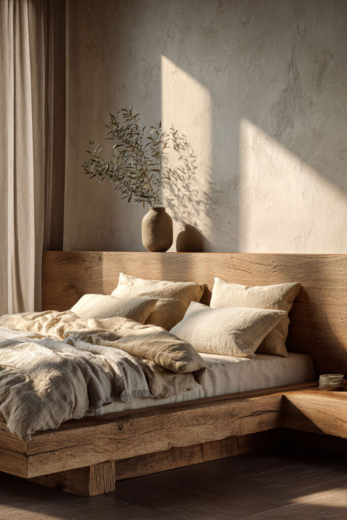 Japandi bedroom with light wood bed frame, neutral linen bedding, textured plaster wall, ceramic vase, and warm natural sunlight
