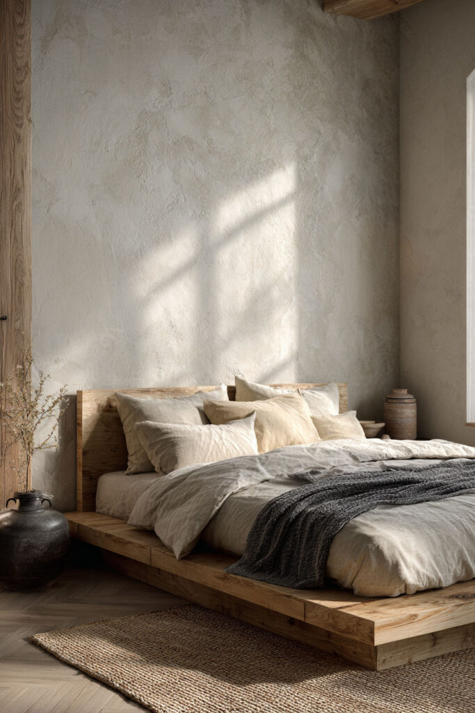Japandi bedroom with light wood platform bed, neutral linen bedding, textured plaster wall, woven rug, and soft natural sunlight