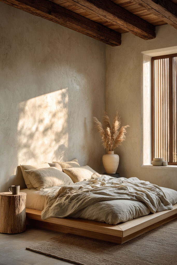 Japandi bedroom with exposed wood ceiling beams, plaster walls, neutral linen bedding, and warm natural sunlight