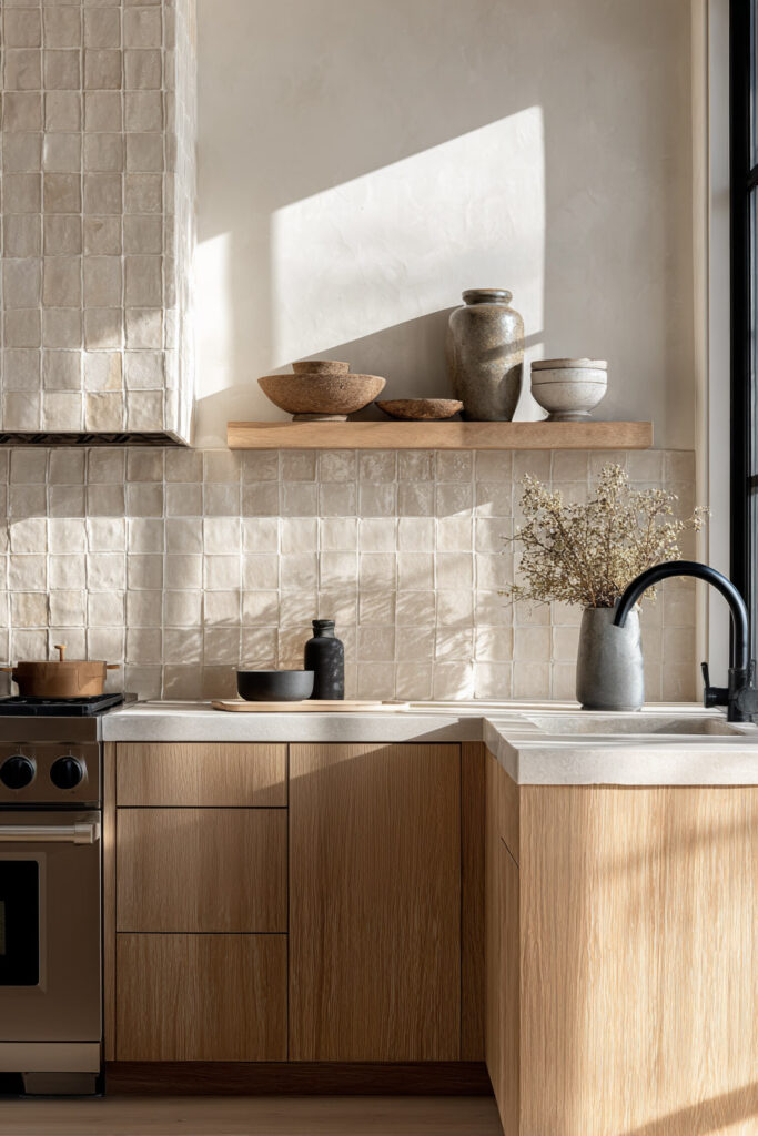 minimal kitchen backsplash with handmade tile, warm wood cabinets and natural stone countertop, organic modern kitchen design