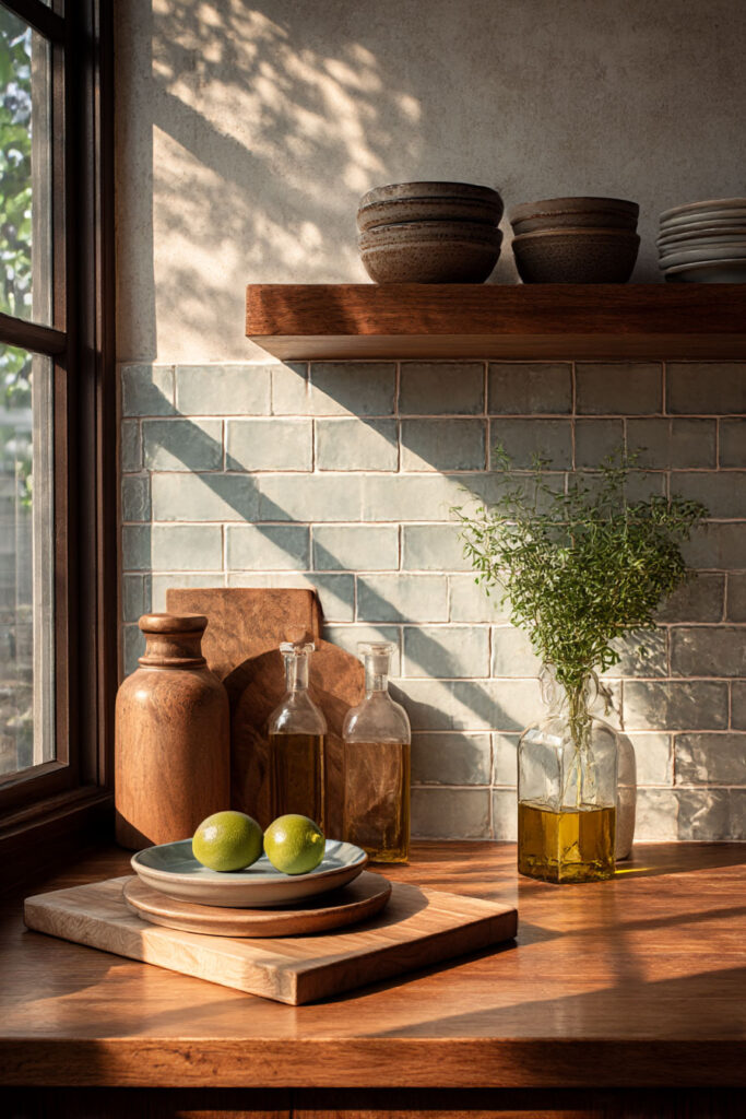 minimal kitchen backsplash with handmade tile warm wood countertops and neutral decor organic modern kitchen styling with natural light