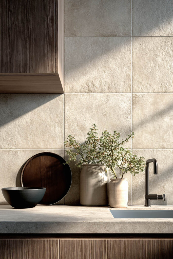 Kitchen with minimal textured stone backsplash, natural stone countertop, and pottery styled on the counter