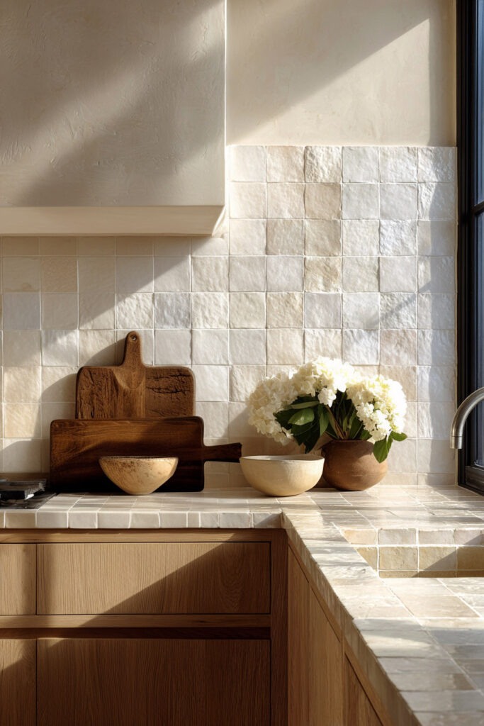 minimal kitchen backsplash with textured neutral tiles, warm wood cabinets, and organic modern kitchen design