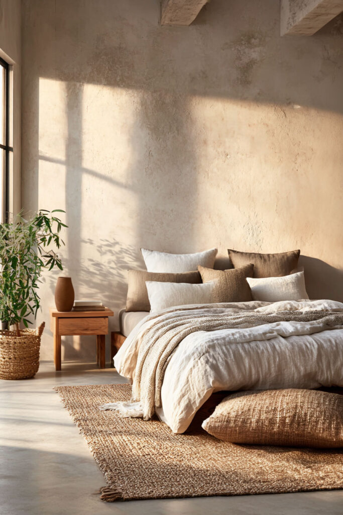 Organic modern bedroom with textured plaster walls, neutral linen bedding, wood nightstand, and natural materials decor.
