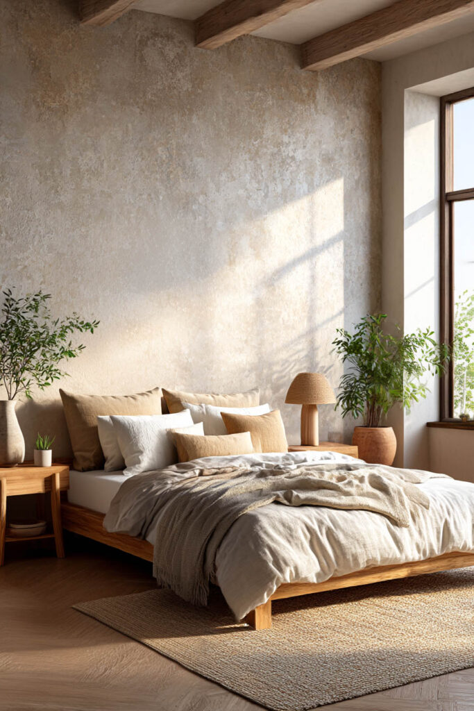 Organic modern bedroom with textured plaster walls, wood bed frame, neutral bedding, and warm natural materials decor.