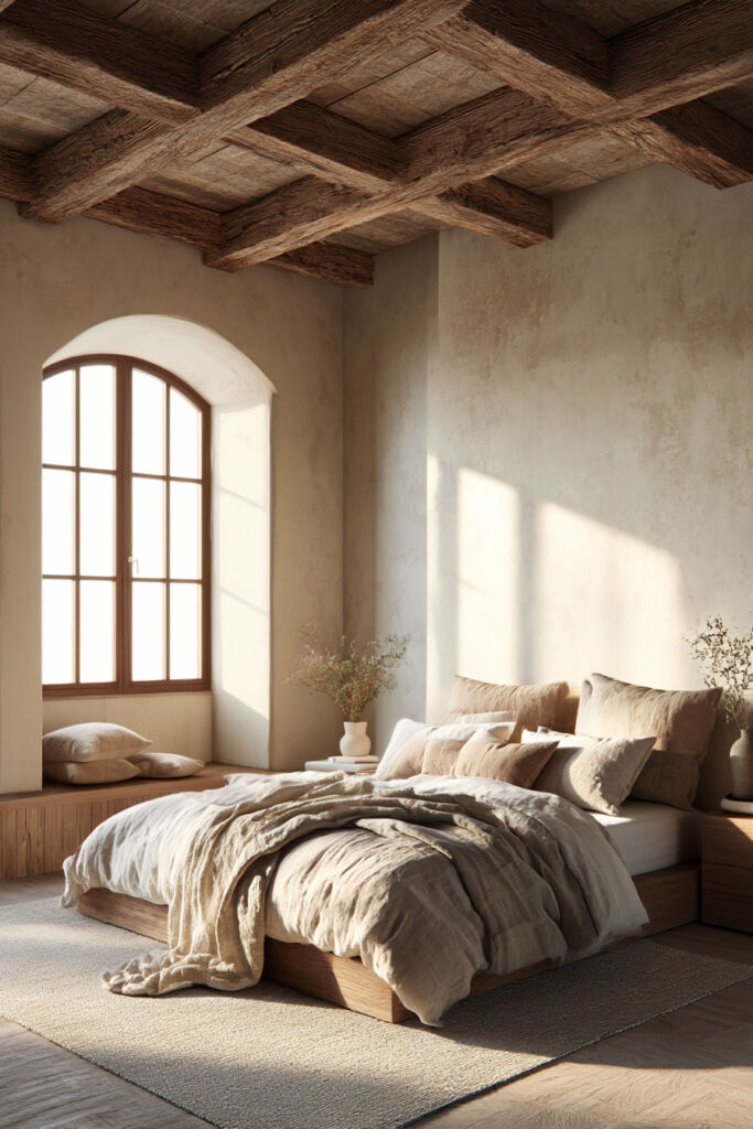 Organic modern bedroom with exposed wood ceiling beams, a wood platform bed, linen bedding, and warm plaster walls.