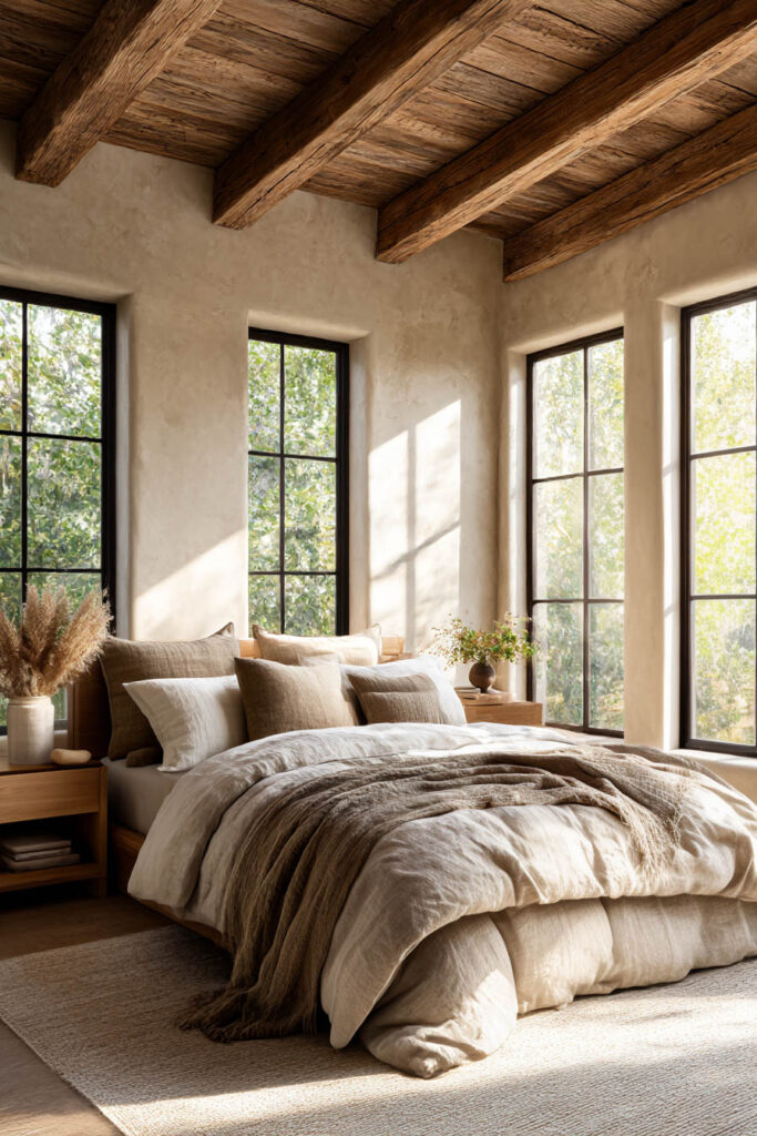 Organic modern bedroom with exposed wood ceiling beams, neutral linen bedding, large windows, and warm natural textures.