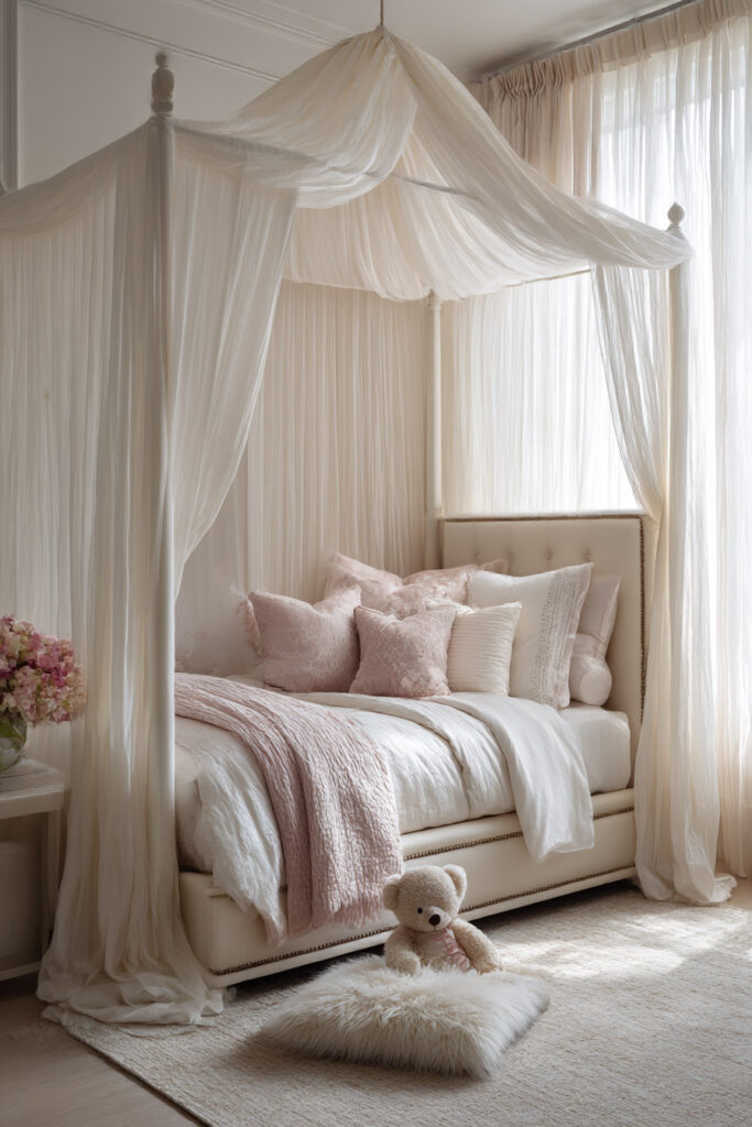 princess inspired little girls bedroom with canopy bed, blush pillows, white bedding, and teddy bear decor
