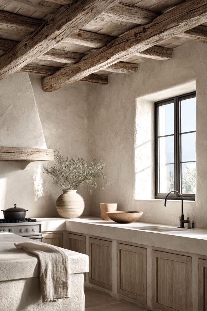 plaster kitchen walls with exposed wood beams and warm neutral tones in rustic organic kitchen design