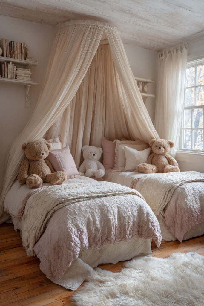 Princess-inspired shared little girls bedroom with two twin beds under a canopy, blush bedding, and plush teddy bears.