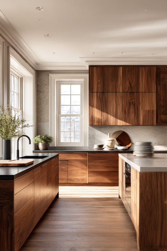 dark warm wood kitchen cabinets with walnut finish, organic modern kitchen with neutral walls, natural light kitchen design