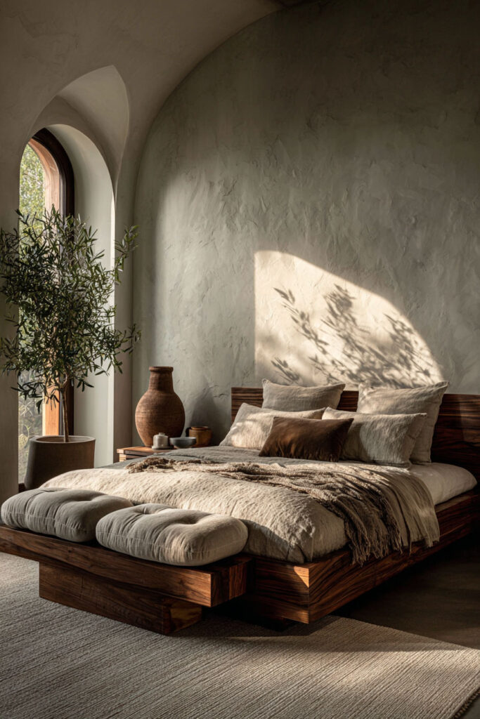 Japandi bedroom with wood platform bed, neutral linen bedding, arched window, olive tree, textured plaster wall, and warm natural light