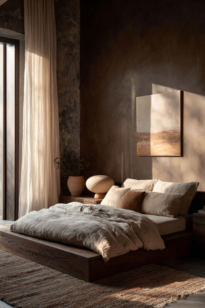 Japandi bedroom with low wood platform bed, neutral linen bedding, warm earthy wall tones, and minimal abstract wall art
