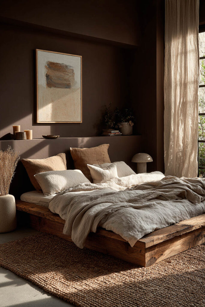 Japandi bedroom with warm neutral linen bedding, rustic wood platform bed, earthy wall tones, woven rug, and soft natural light