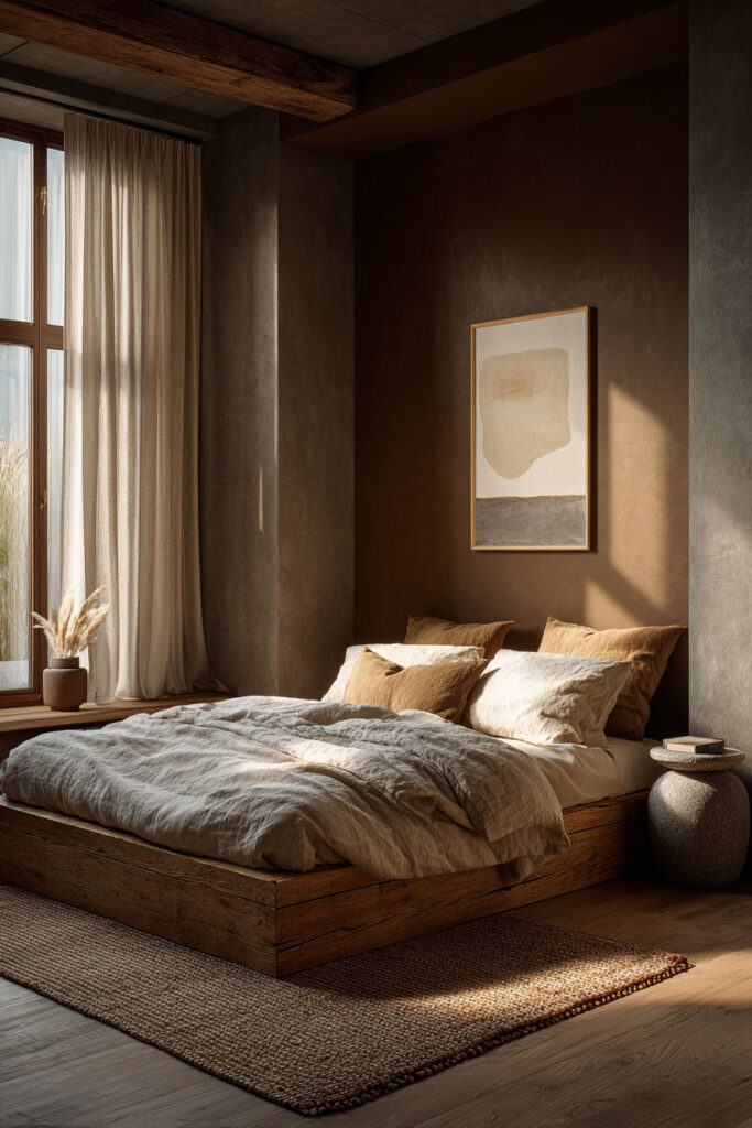 Japandi bedroom with warm neutral tones, low wood platform bed, linen bedding, textured plaster wall, and soft natural window light