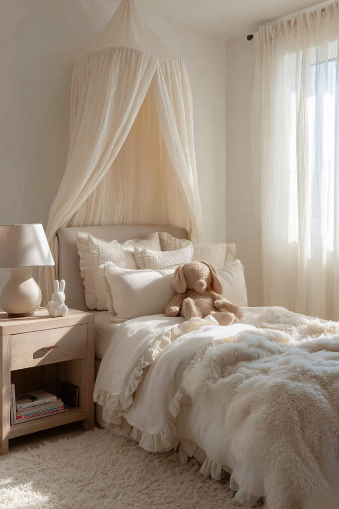 Neutral little girls bedroom with soft canopy bed, layered cream bedding, plush bunny toy, and warm sunlight through sheer curtains.