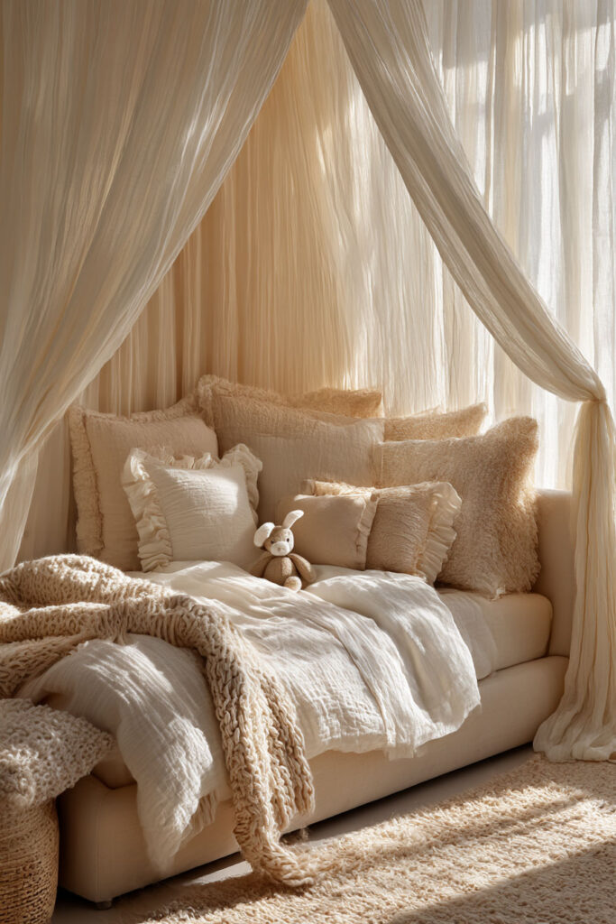 neutral little girls bedroom with canopy daybed, layered textured pillows, soft linen bedding, and warm natural sunlight
