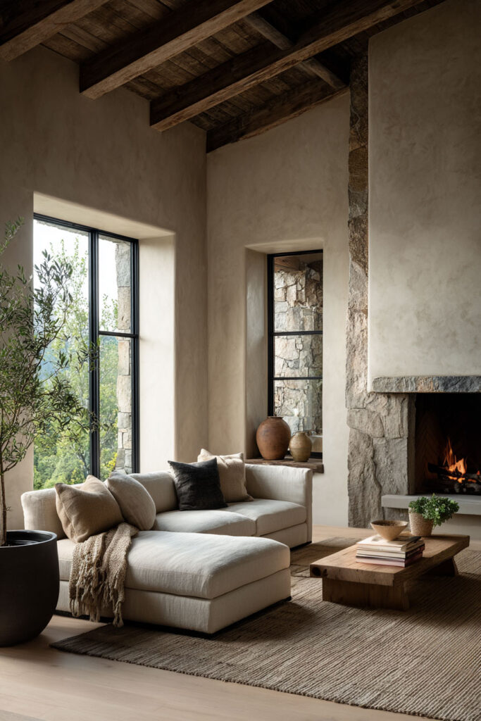 Organic modern living room with stone fireplace, plaster walls, exposed wood ceiling beams, neutral sectional sofa, and natural materials decor.