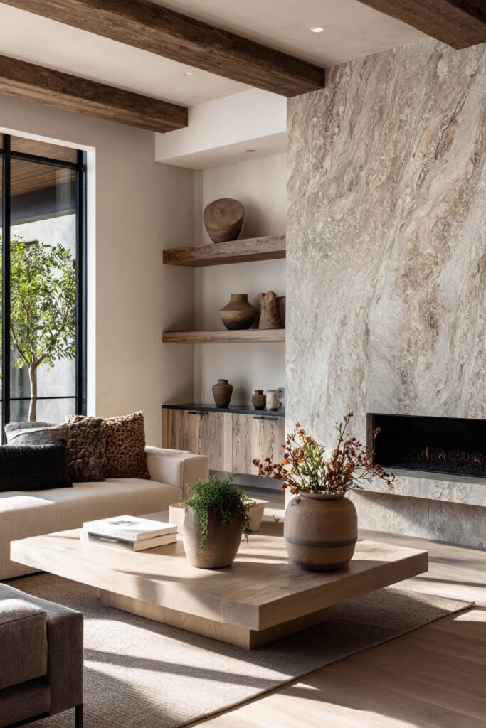Organic modern living room with a large natural stone fireplace wall, wood ceiling beams, clay pottery decor, and a light wood coffee table.