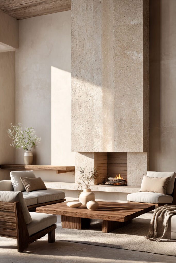 Organic modern living room with a textured stone fireplace, warm wood coffee table, neutral seating, and natural materials creating a calm earthy interior.