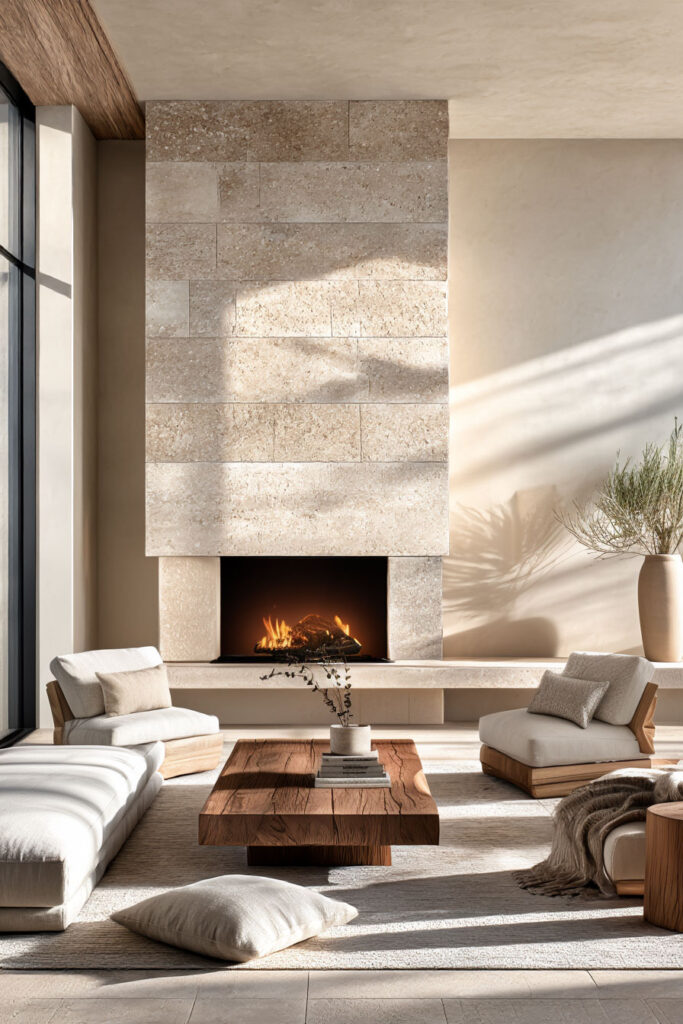 Organic modern living room with large stone fireplace, warm wood coffee table, low neutral seating, and natural textures in a minimalist earthy interior.