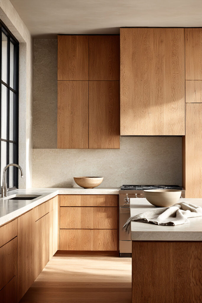 Modern kitchen with warm oak cabinets, stone countertops, and sunlight streaming through a large window