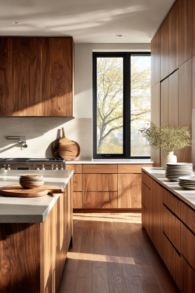 warm wood kitchen cabinets with natural light modern kitchen design with neutral countertops and organic modern styling