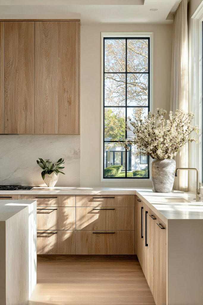 warm wood kitchen cabinets with light stone countertops and large window in bright organic modern kitchen