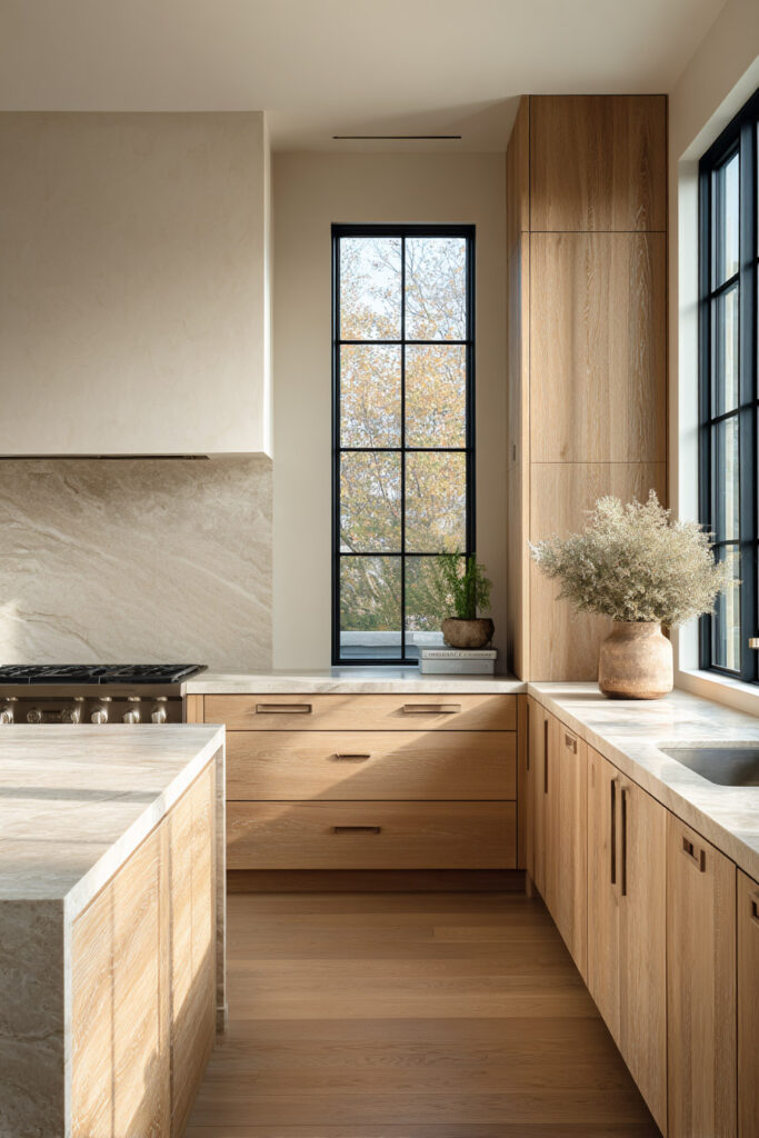 warm wood kitchen cabinets with natural stone countertops and backsplash, organic modern kitchen with neutral tones and large windows