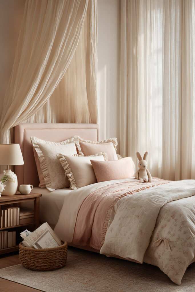 little girls bedroom with blush canopy bed, floral bedding, soft pink pillows, and cozy princess style decor
