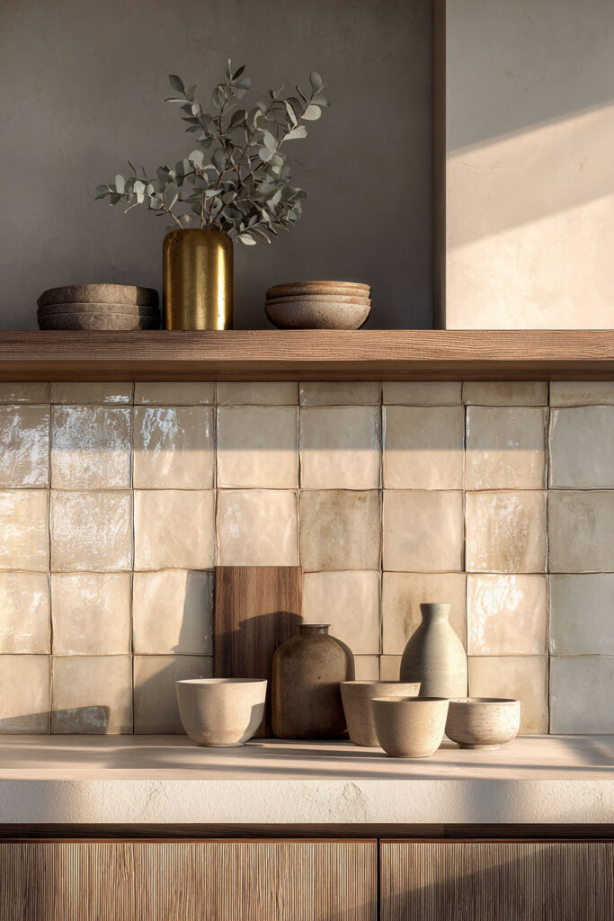 handmade tile kitchen backsplash with warm neutral tones, wood cabinets, and organic modern kitchen styling