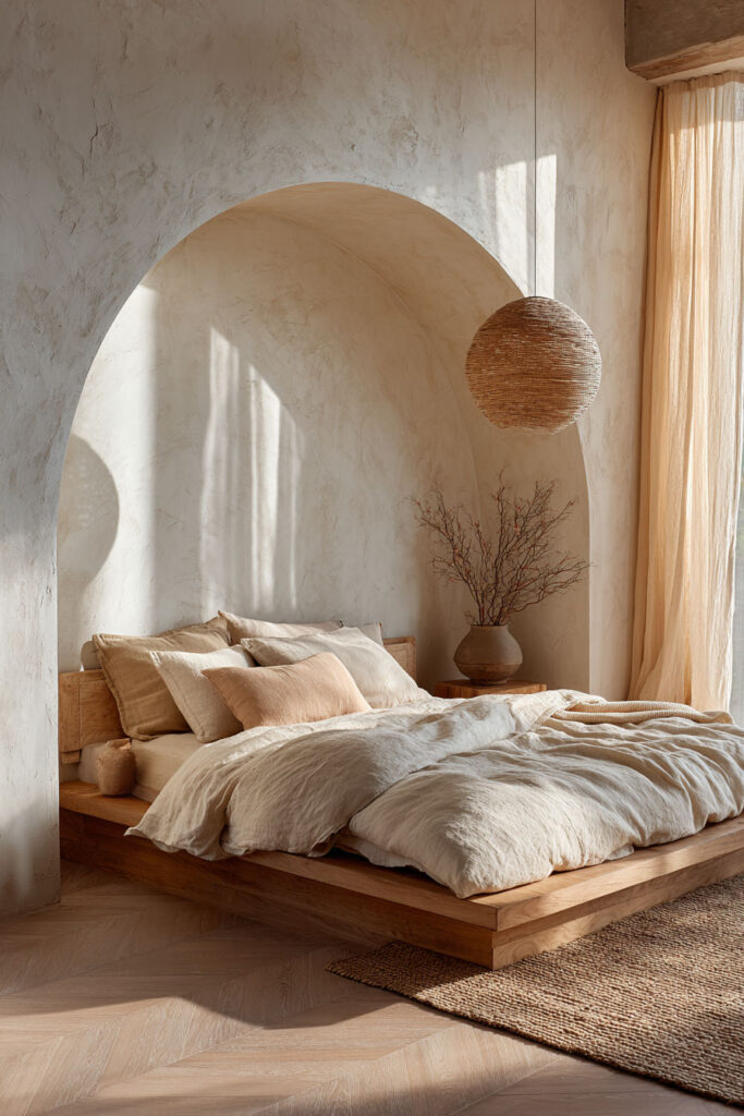 Japandi bedroom with arched plaster wall alcove, light wood platform bed, neutral linen bedding, woven pendant light, and soft natural sunlight