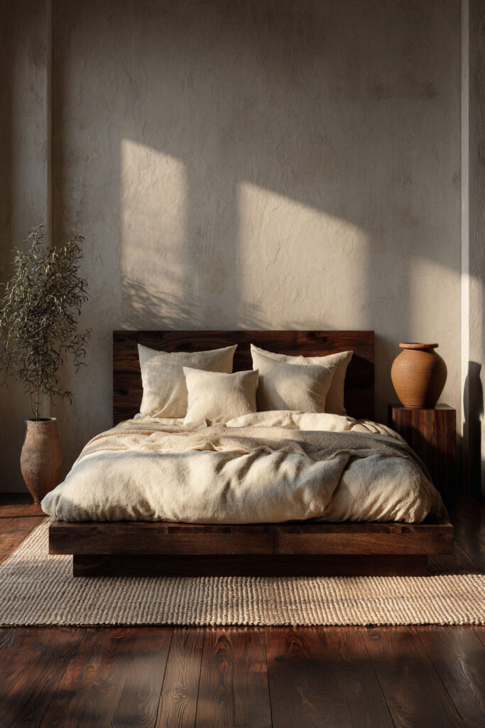 Japandi bedroom with dark wood bed frame, neutral linen bedding, textured wall, and warm natural sunlight