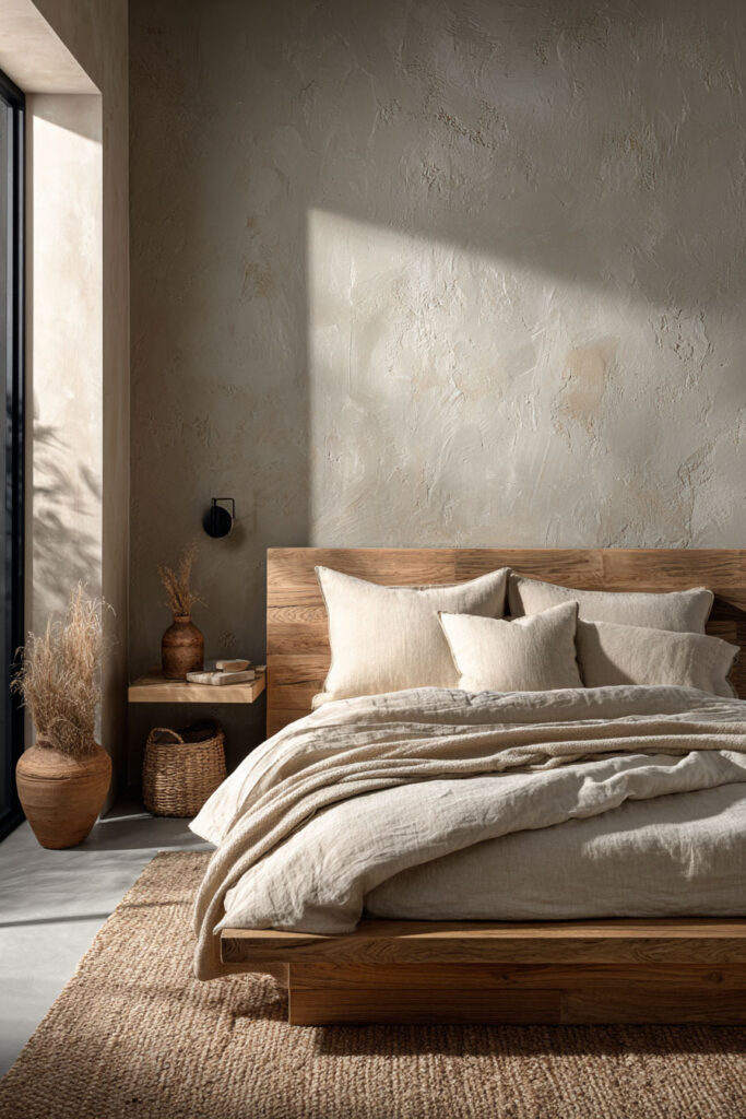 Japandi bedroom with light wood bed frame, neutral linen bedding, textured plaster wall, woven rug, and natural decor