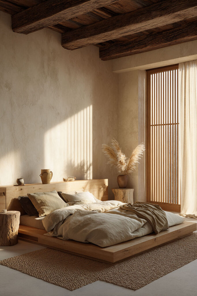 Japandi bedroom with light wood platform bed, shoji-style screen, neutral linen bedding, exposed wood beams, and warm natural sunlight