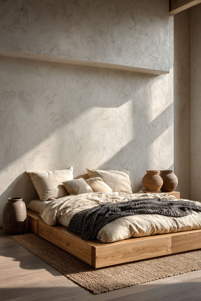 Japandi bedroom with textured plaster wall, light wood platform bed, neutral linen bedding, ceramic vases, and dark accent throw