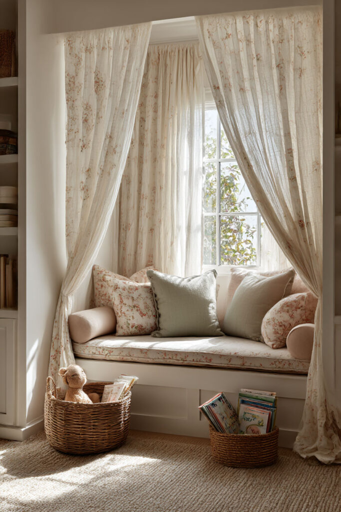 Little girls bedroom window seat reading nook with floral curtains, soft pillows, woven baskets with books, and cozy natural decor.