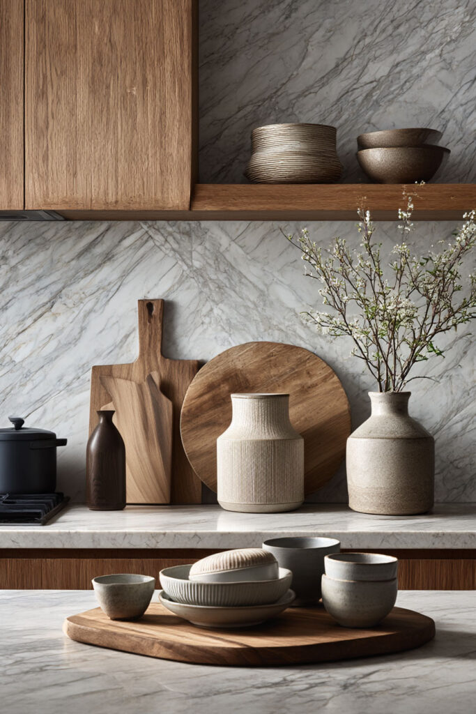 marble kitchen backsplash with warm wood cabinets and neutral decor styling, organic modern kitchen with natural stone and soft tones