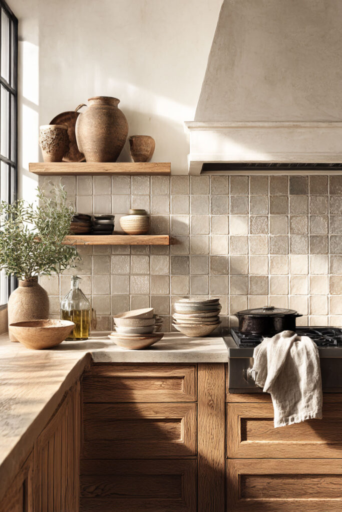 Kitchen with minimal handmade tile backsplash, wooden countertops, and open wood shelves styled with pottery
