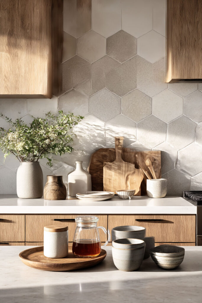 minimal hexagon tile backsplash with warm wood cabinets and neutral styling in modern kitchen