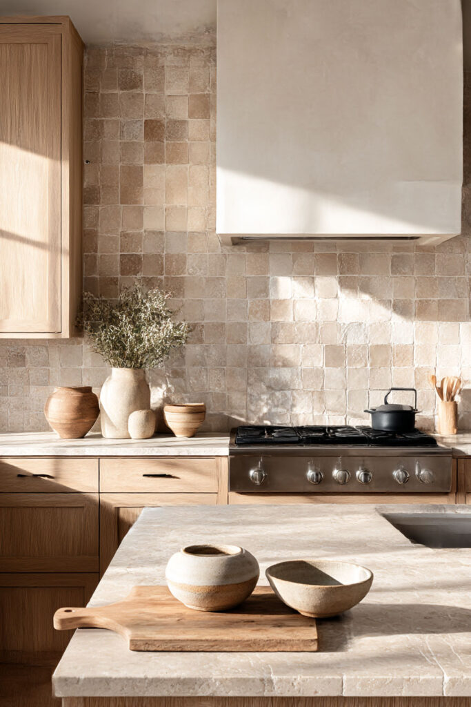 neutral tile kitchen backsplash with warm wood cabinets and stone countertops modern organic kitchen with soft earthy tones