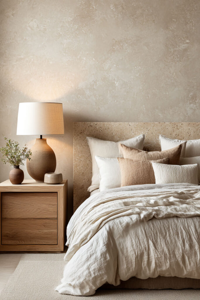 Organic modern bedroom with stone headboard, wood nightstand, neutral linen bedding, and warm natural materials decor.