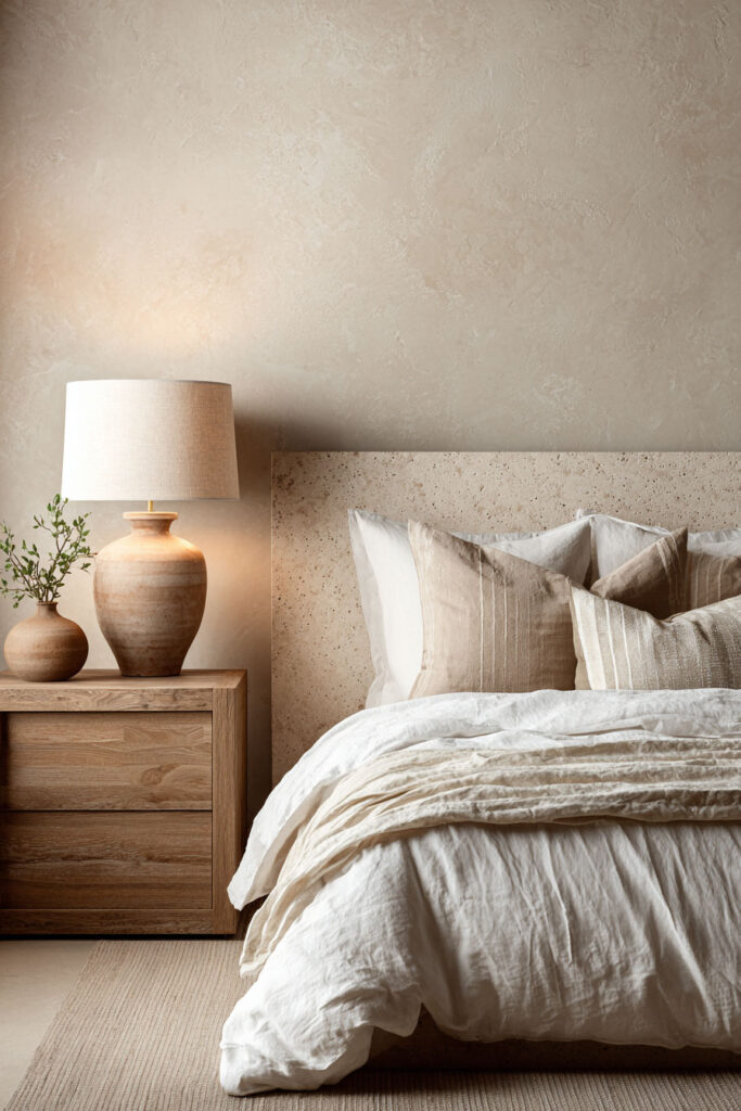 Organic modern bedroom with a stone headboard wall, wood nightstand, linen bedding, and clay lamp in warm neutral tones.