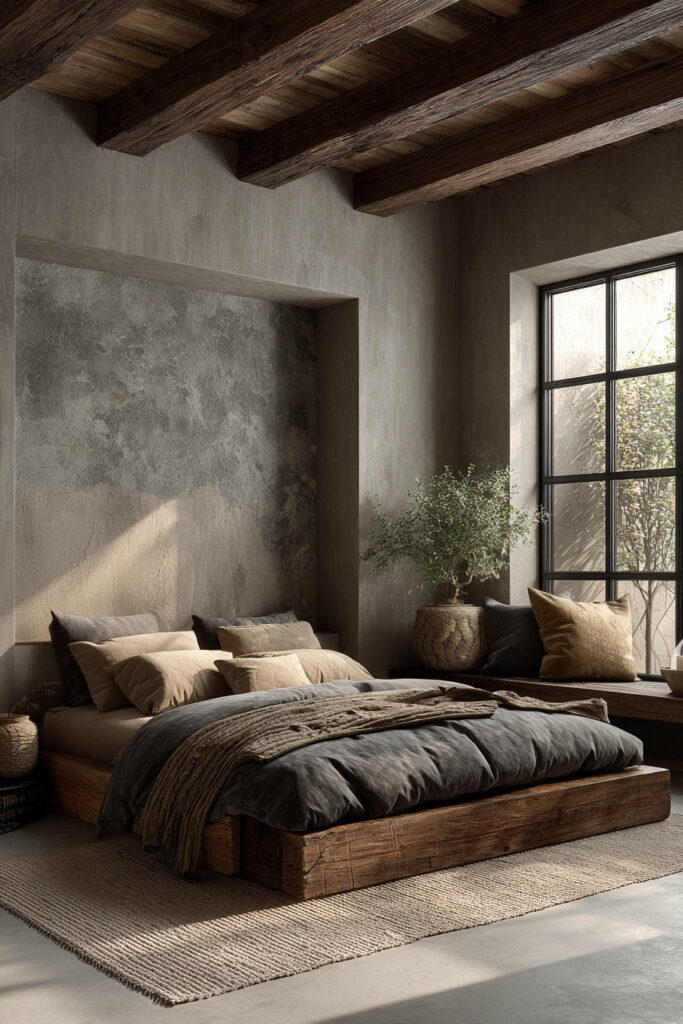 Organic modern bedroom with rustic wood platform bed, exposed wood ceiling beams, textured plaster walls, and neutral bedding.