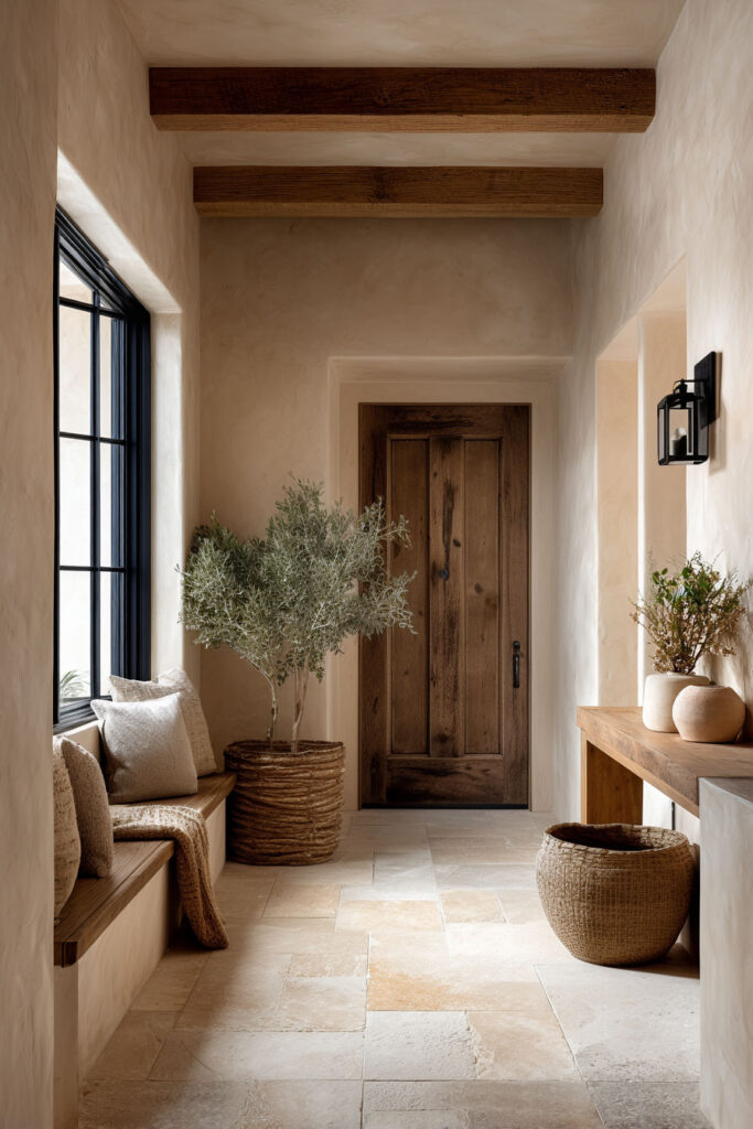 Organic modern entryway with stone tile flooring, wood front door, plaster walls, and natural decor accents.