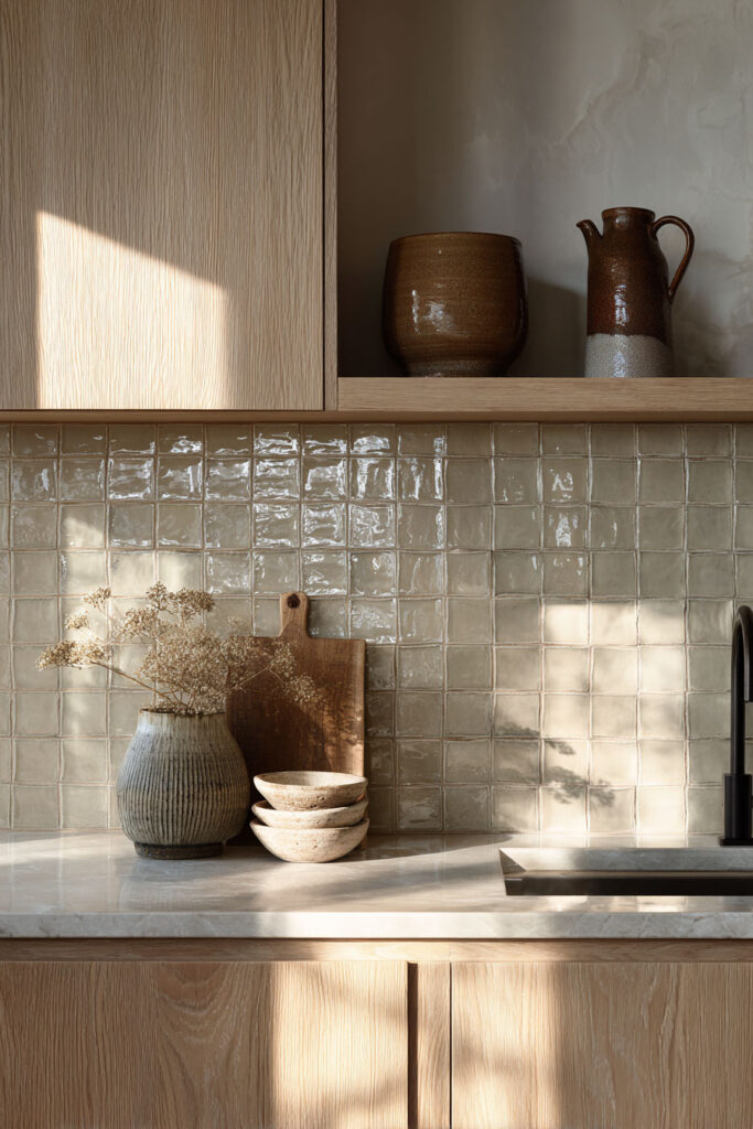 neutral glossy tile kitchen backsplash with light wood cabinets and stone countertops modern organic kitchen with soft natural light