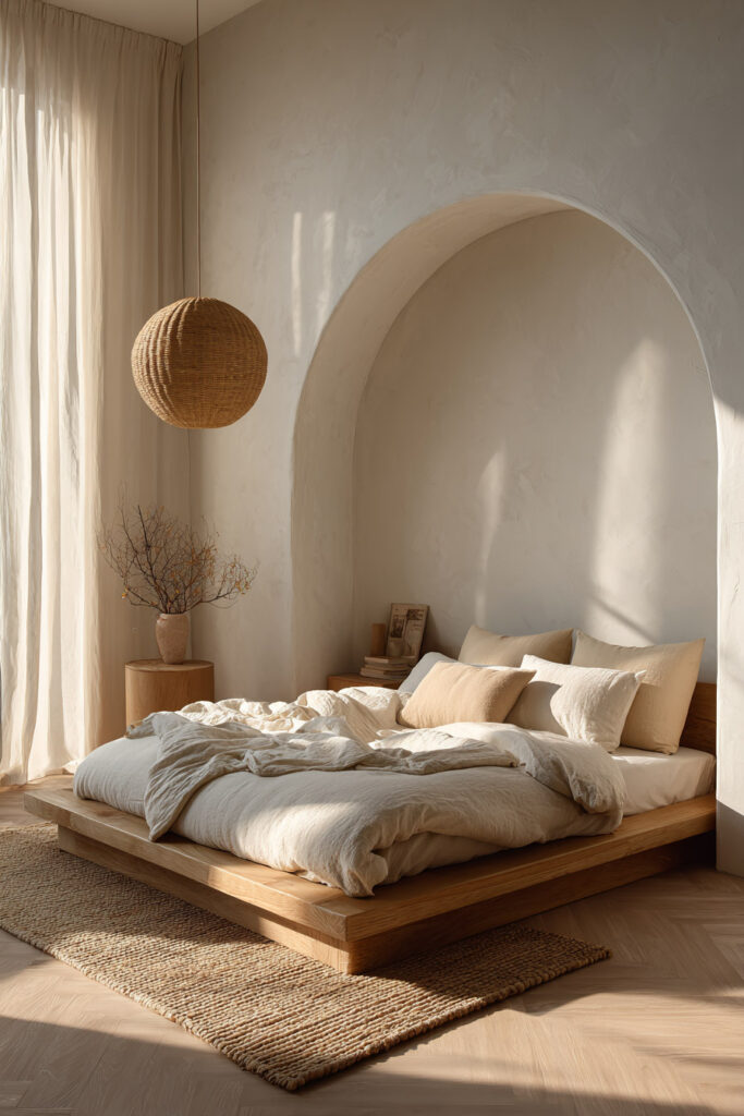 Japandi bedroom with arched wall niche, light wood platform bed, neutral linen bedding, woven pendant light, and soft natural sunlight