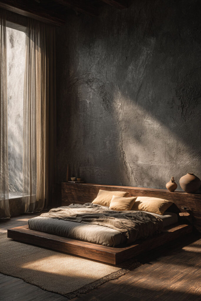 Japandi bedroom with low wood platform bed, dark textured wall, neutral bedding, and soft natural light