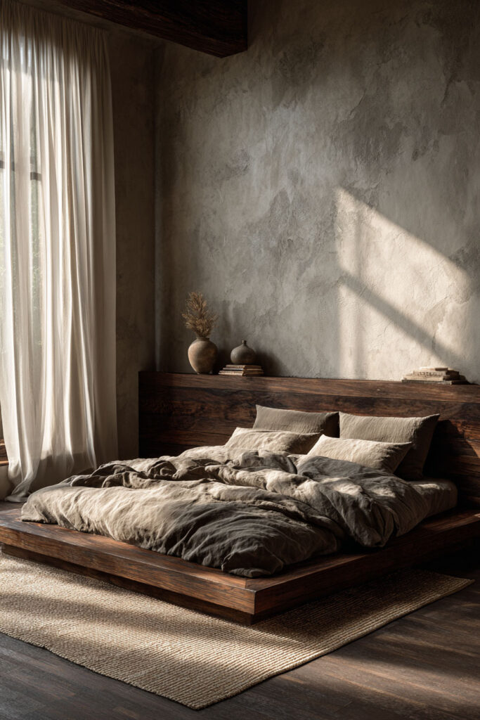 Japandi bedroom with dark wood platform bed, earthy linen bedding, textured plaster wall, sheer curtains, and soft natural light