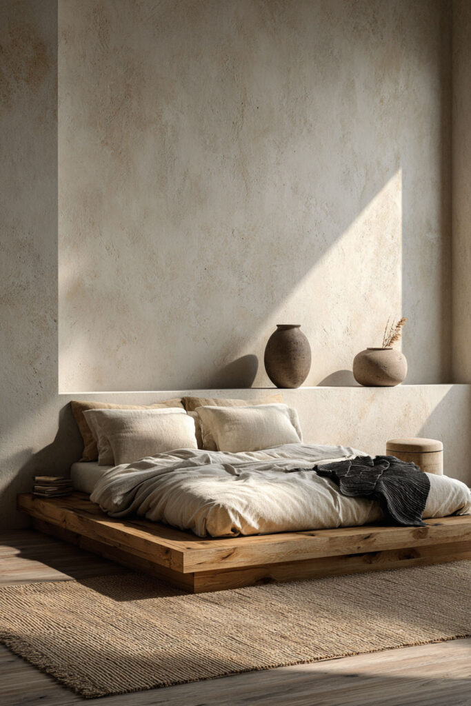 Minimal Japandi bedroom with low platform bed, neutral linen bedding, textured plaster wall, and ceramic decor